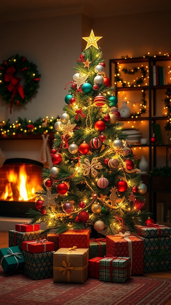 Inspirational Christmas Quotes A decorated Christmas tree with gifts and a warm fireplace in a cozy setting.